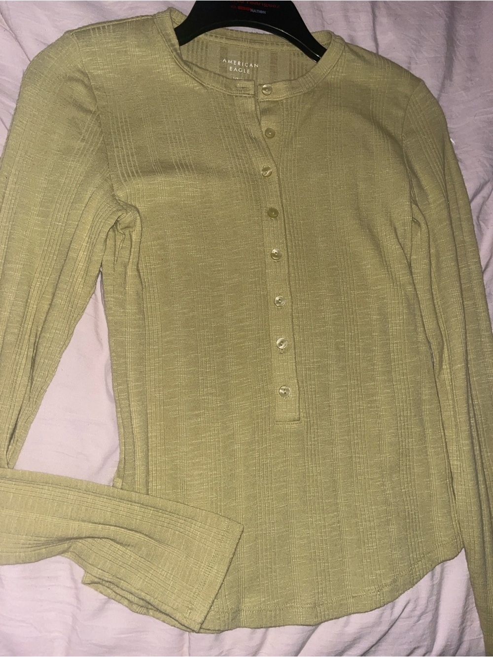 American Eagle Outfitters Ribbed Henley Long Sleeve Top - Olive Green